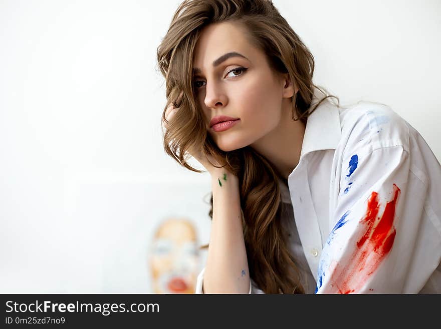 Young Beautiful Woman Portrait On White Stained With Paint Shirt