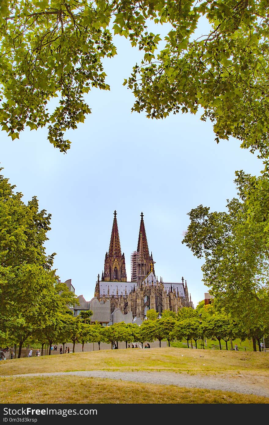 Dome in cologne seen from park under blue sky