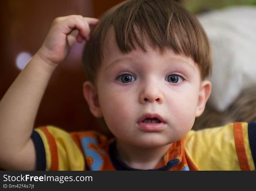 Surprised child. portrait. A little cute boy with a surprised face looks into the camera with a hand to his head.