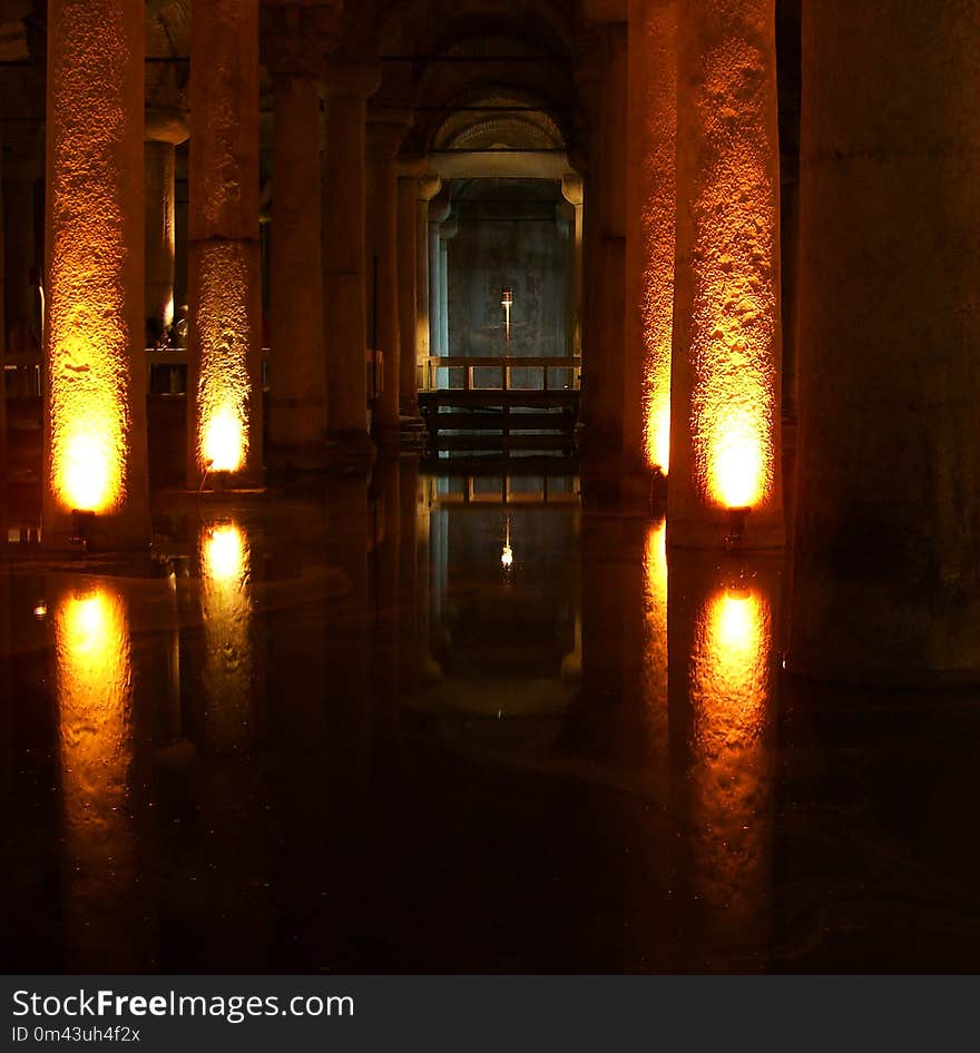 Reflection, Column, Light, Night