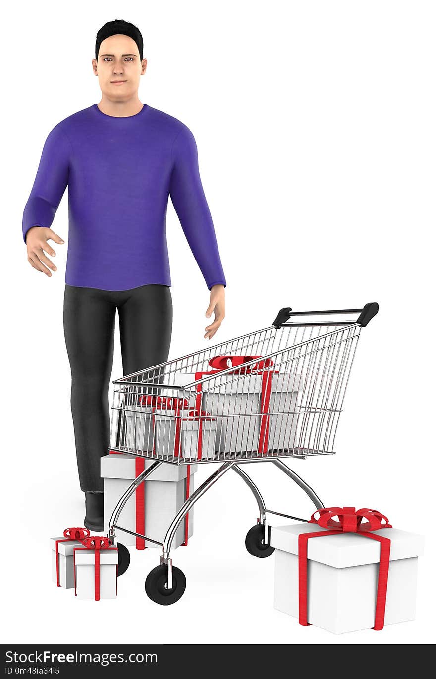 3d Character , Man , Cart And Wrapped Gift Boxes