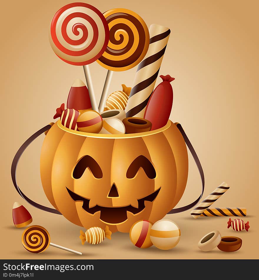 Illustration of Halloween pumpkins basket and collected candy