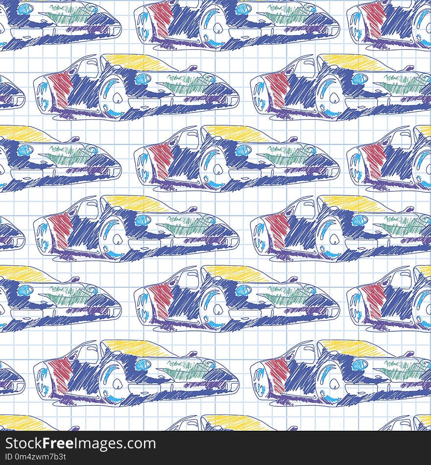 Seamless pattern with sport car. School pattern drawing in the notebook. bright sports cars. hand draw lines