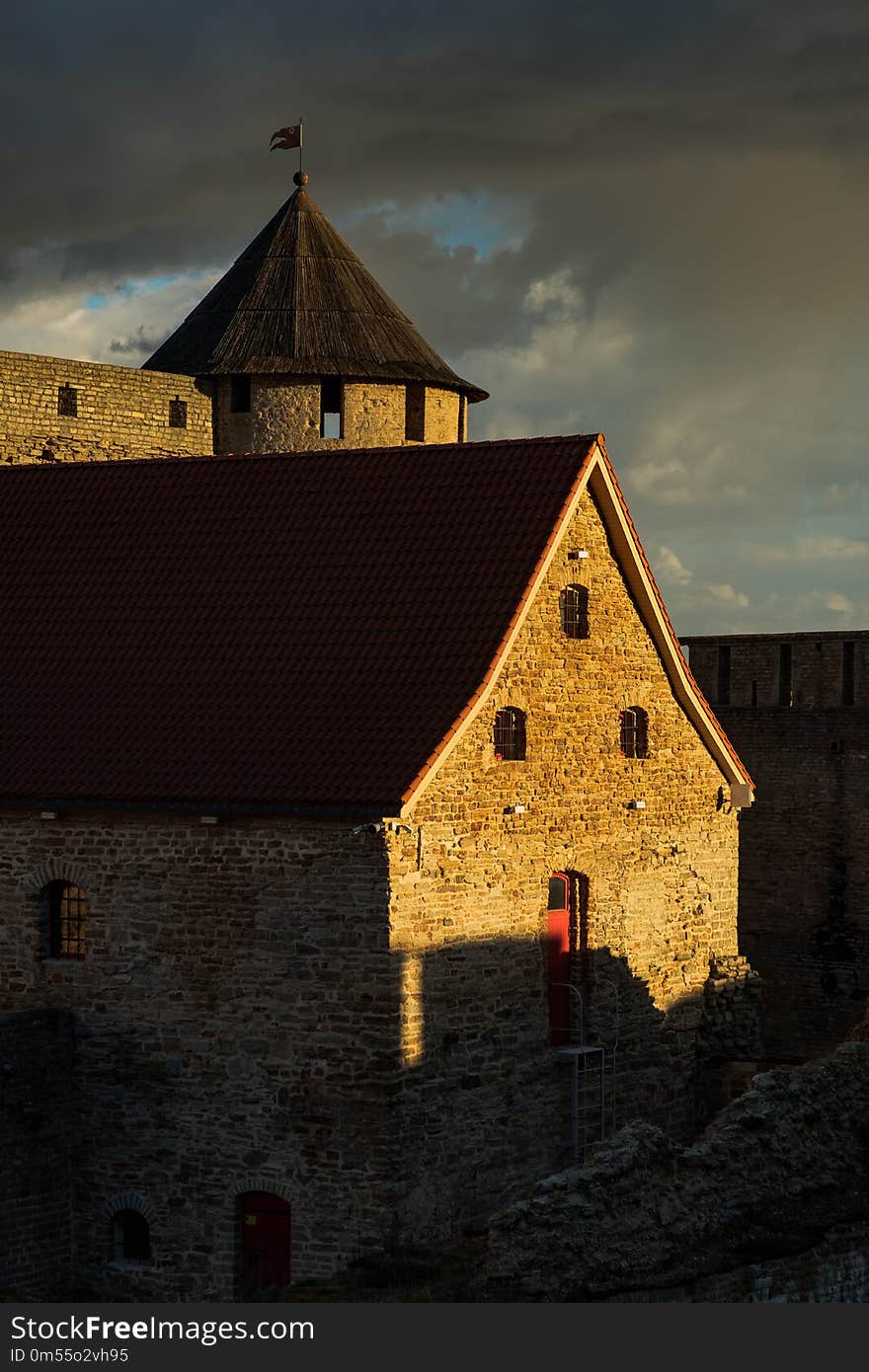 Wonderful view of the fortress in Ivangorod at sunset.