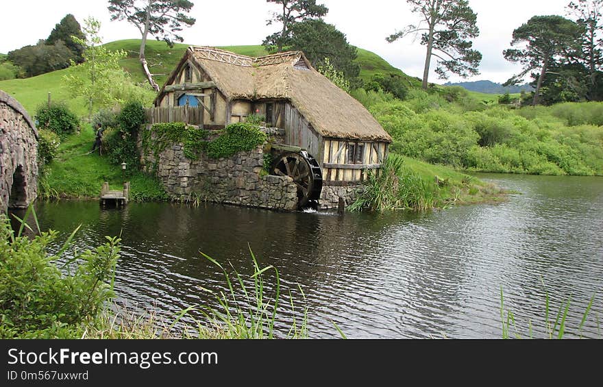 Waterway, Cottage, Reflection, Bank