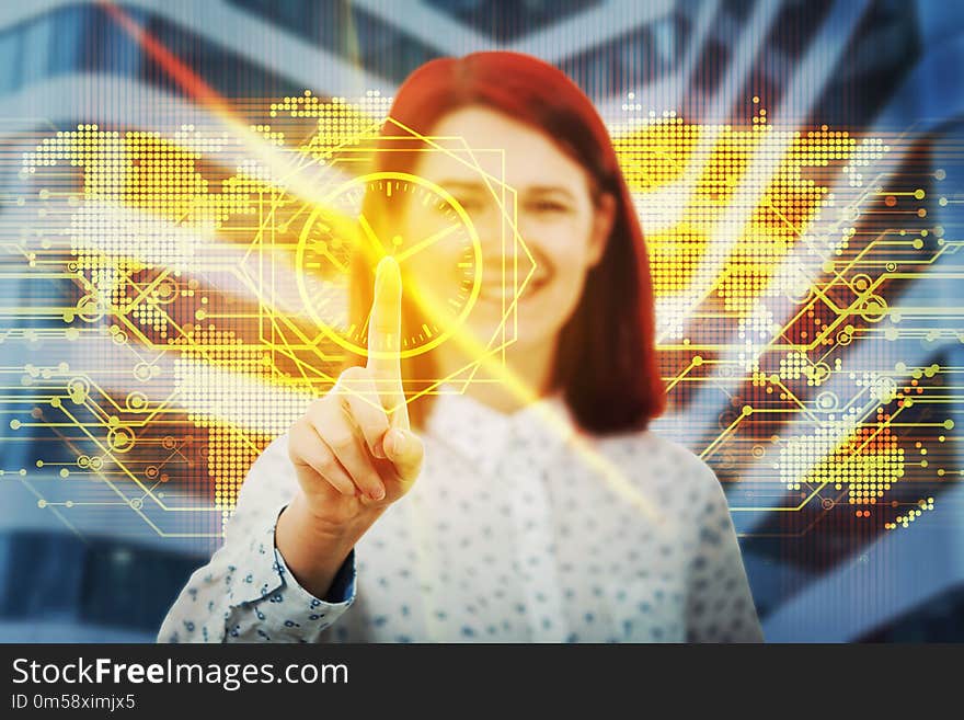 Smiling woman touching digital screen interface. Press on the golden clock icon. Modern technology time planning concept. Virtual business services for efficiency management. Smiling woman touching digital screen interface. Press on the golden clock icon. Modern technology time planning concept. Virtual business services for efficiency management.