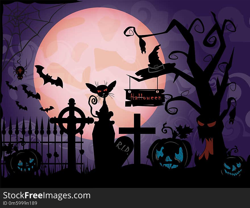 Vector illustration of pumpkins and old tree with bats and a graveyard in the fog at night when the moon festival in October, Halloween. Vector illustration of pumpkins and old tree with bats and a graveyard in the fog at night when the moon festival in October, Halloween