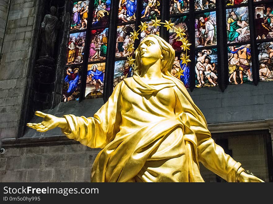 Statue, Yellow, Stained Glass, Religion