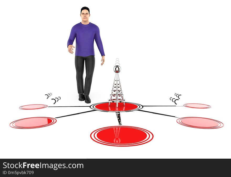 3d character , man , wireless tower and its signals -