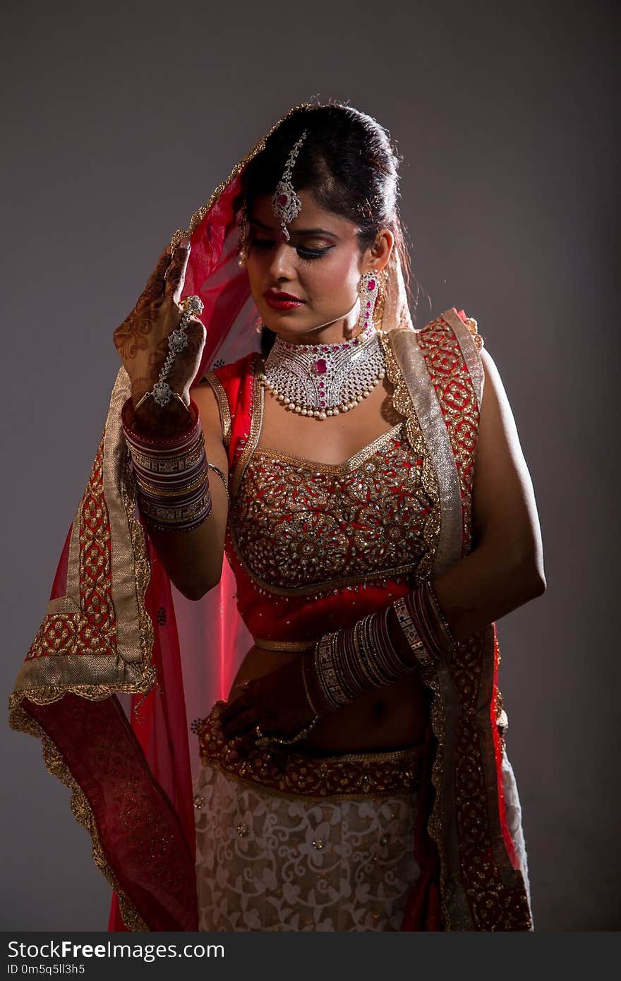 Beautiful Indian Bride in veil and lehenga in dramatic light directional light