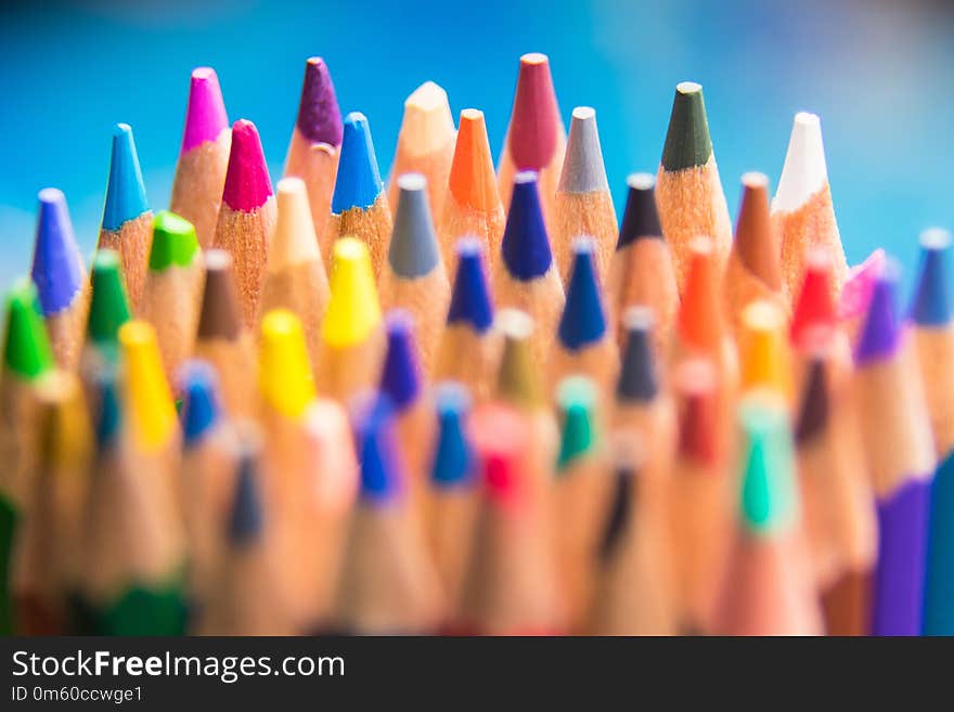 Back to school set multicolored pencils colorful making forms side view on a bule backround