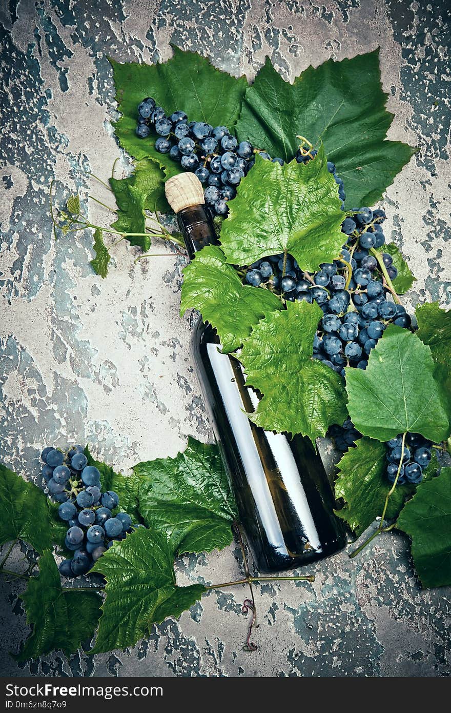 Wine in bottle and different types of grape on concrete background.