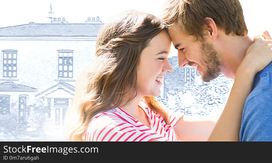 Digital composite of Couple embracing in front of house drawing sketch