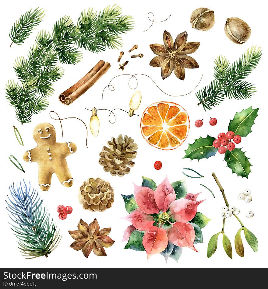 Big Christmas collection of decorative watercolor elements isolated on white background. To create and decorate New Year`s projects. Big Christmas collection of decorative watercolor elements isolated on white background. To create and decorate New Year`s projects