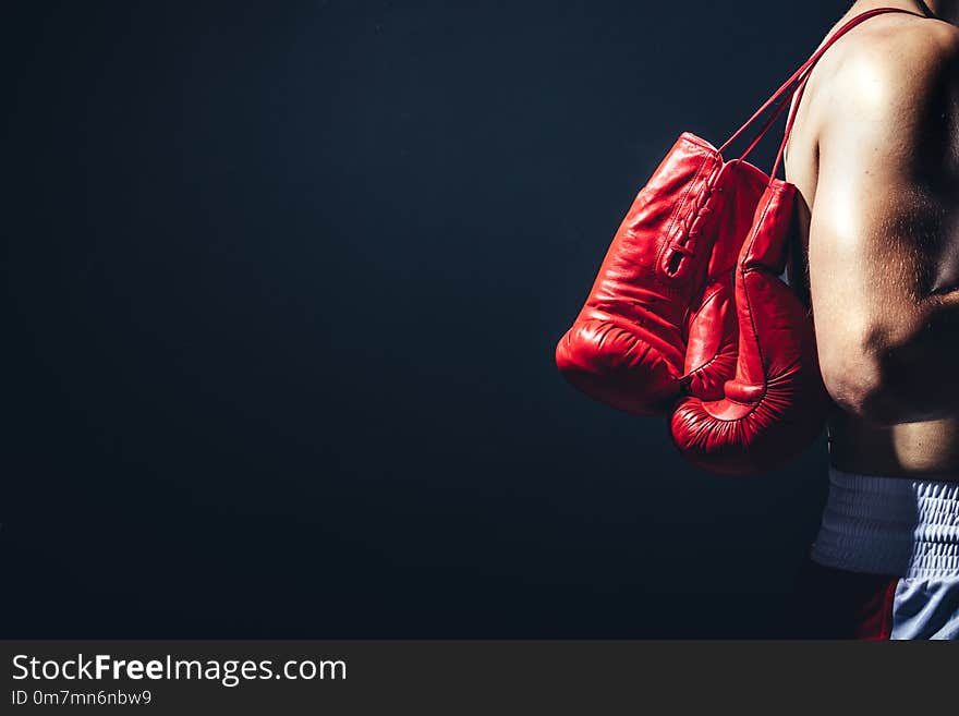 Pair of red gloves on the fighter`s back. Boxing equipment. Close-up.