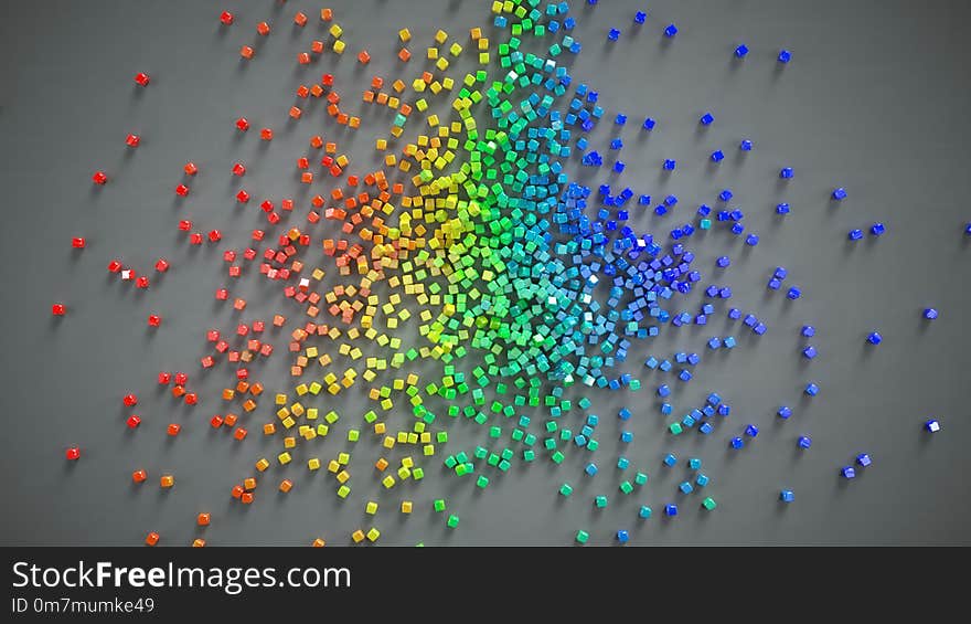 Multicolored small cubes scattered 3D render