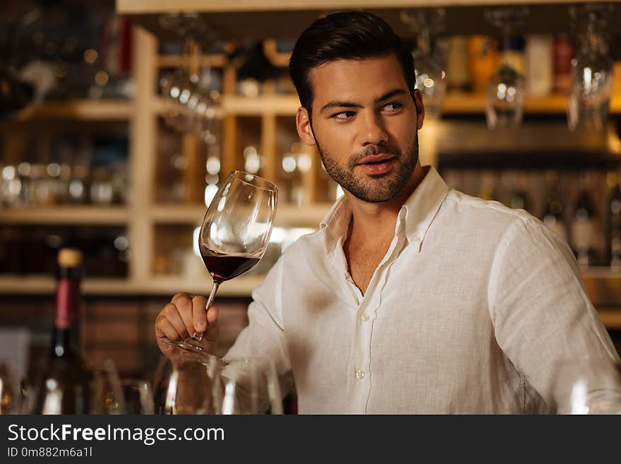 Attractive Nice Man Enjoying To Drink Wine