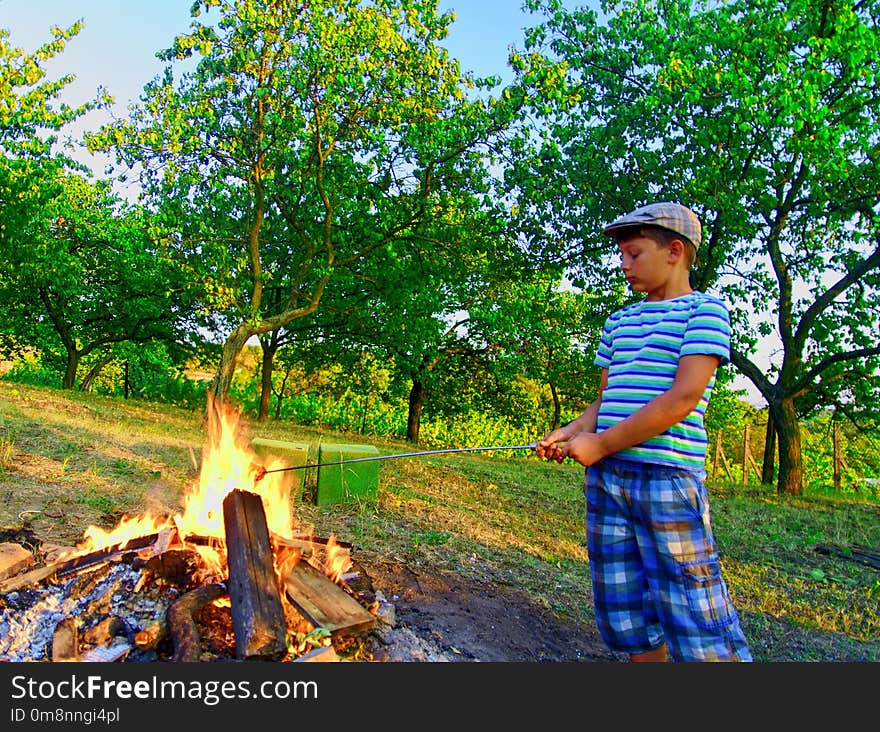 Boy enjoys campfire. Little boy toasting sausages on the garden at sunset. Happy childhood concept. Summer concept