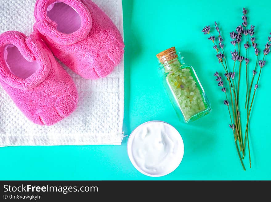 baby accessories with lavender for the bathroom on green backgro