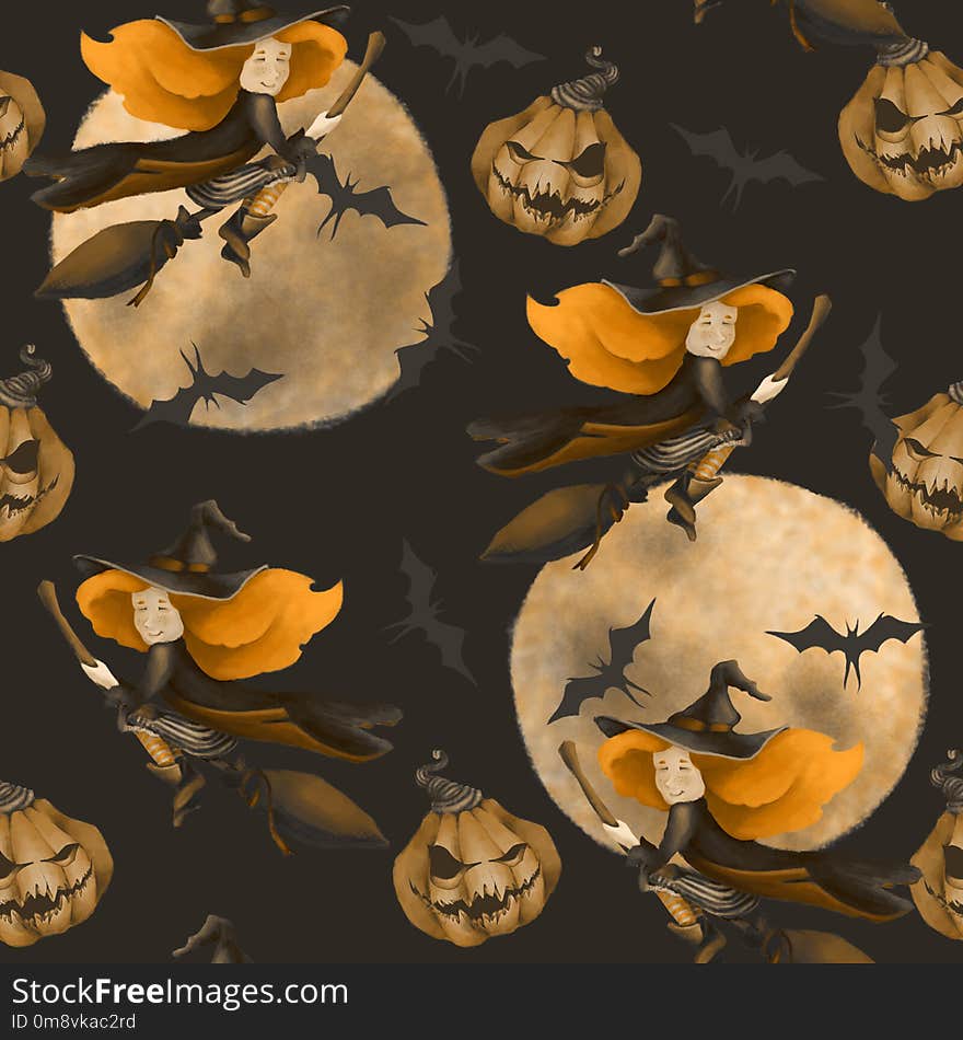 Halloween. Seamless pattern with a witch and moon and bat. Fantastic illustration. Fairy tale. cute girl on a broom on a sepia, brown background. Halloween. Seamless pattern with a witch and moon and bat. Fantastic illustration. Fairy tale. cute girl on a broom on a sepia, brown background
