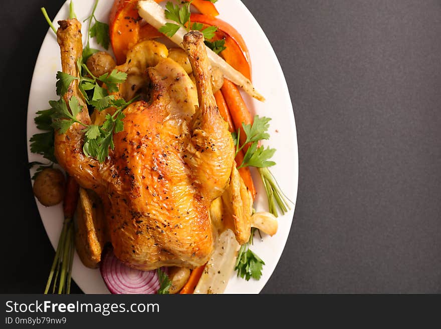 Baked chicken and vegetable, top view