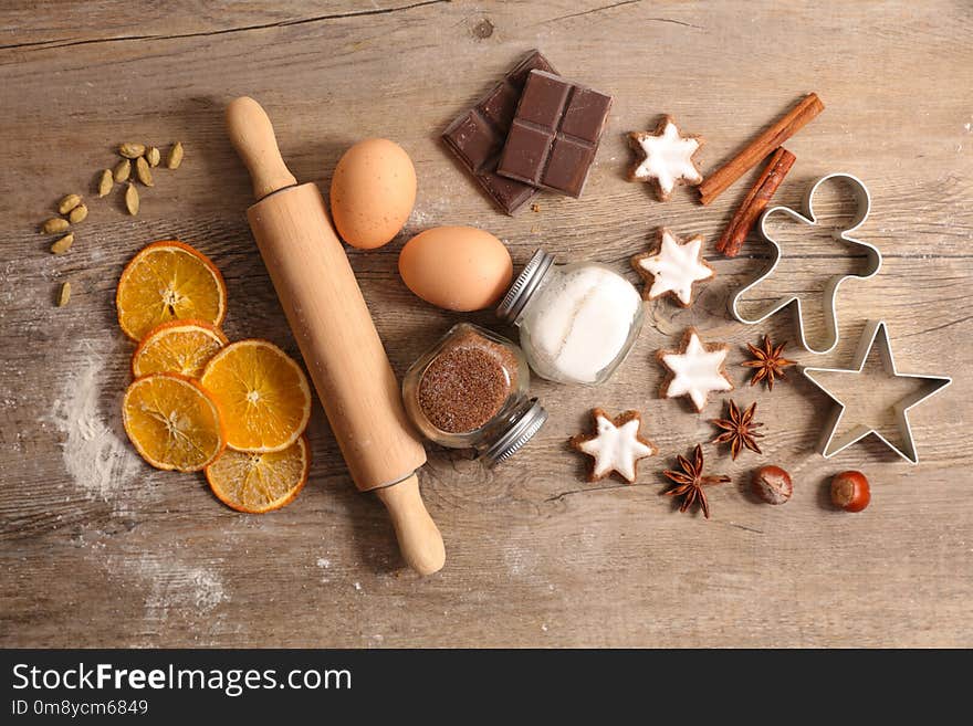 Baking gingerbread cookies on wood