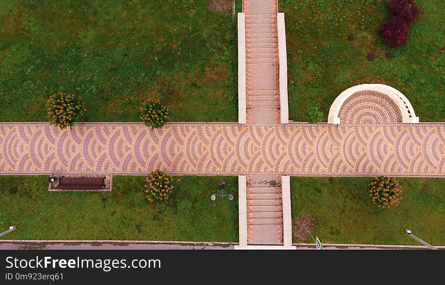 Many roads through the green park. View from above