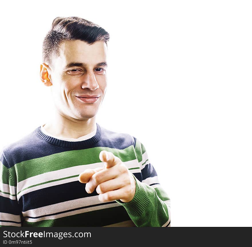 Young handsome teenage hipster guy posing emotional, happy smiling against white background isolated, lifestyle people concept close up