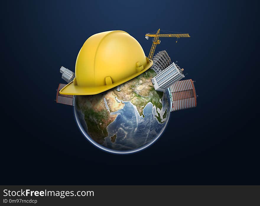 3d rendering of Earth globe apartment buildings, constriction cranes and one yellow hard hat on its surface.