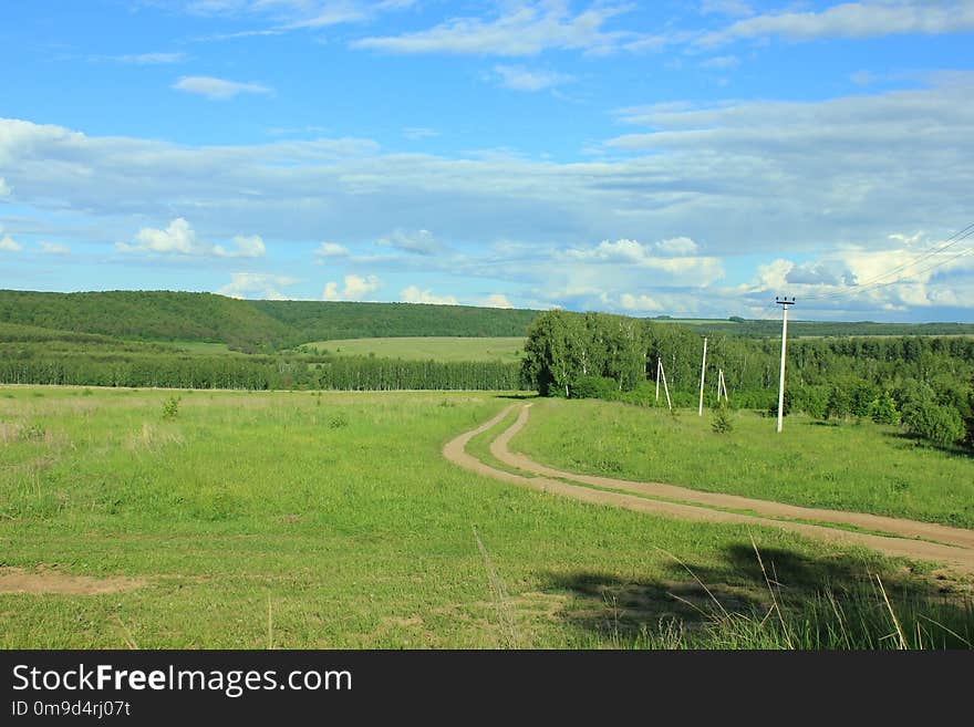 Grassland, Road, Sky, Ecosystem