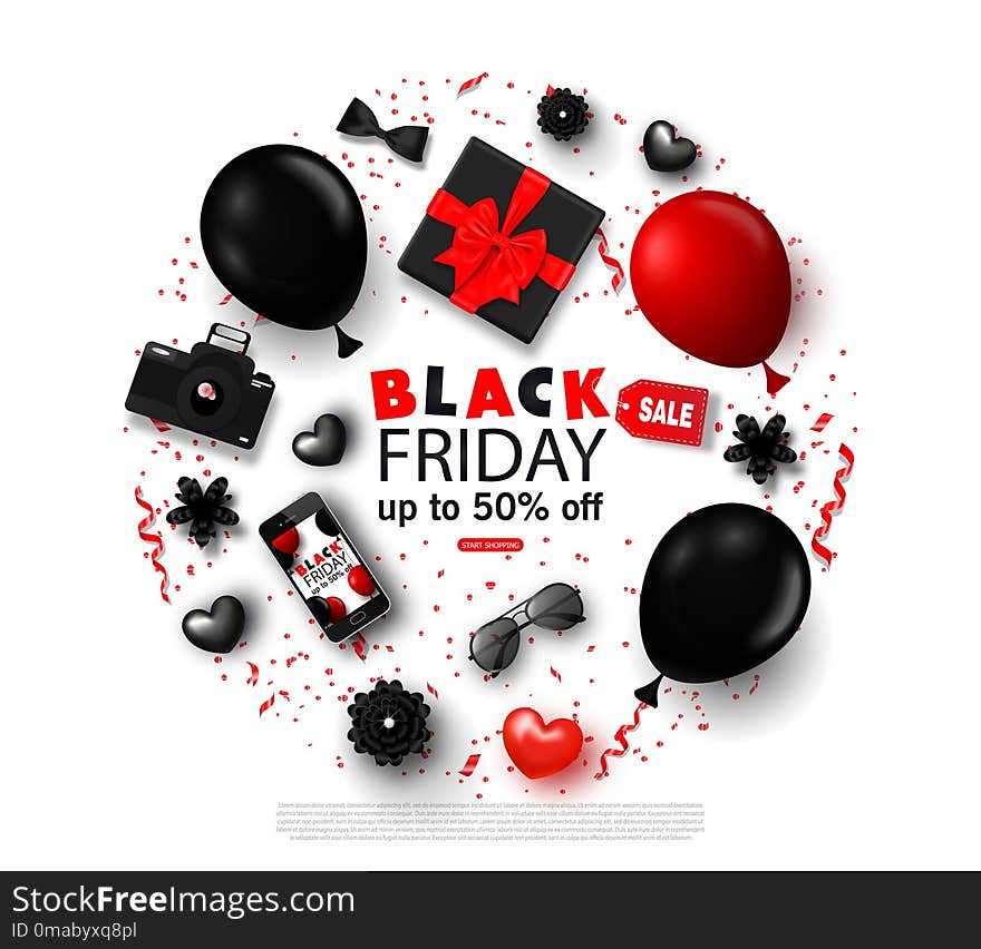 Black friday sale background with bowtie,smartphone, camera, gift box, sunglasses, hearts,balloons, flowers and serpentine. Modern design.Universal vector background for poster, banners flyers card