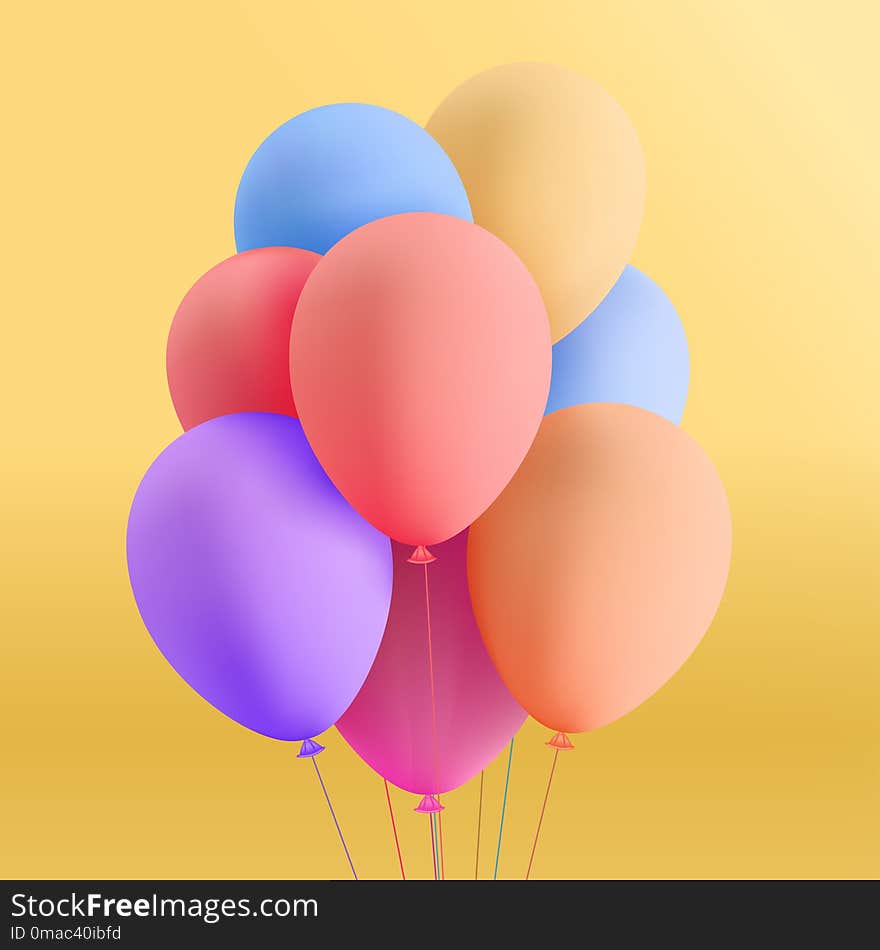 Set of colorful realistic mat helium balloons floating on yellow background. Vector 3D balloons for birthday, party, wedding or promotion banners or posters. Vivid illustration in pastel colors.