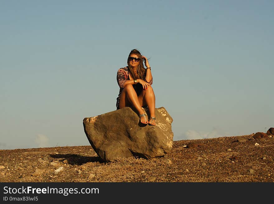 Rock, Sky, Sitting, Girl