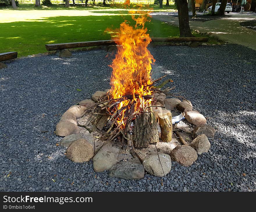 Fire, Tree, Campfire, Grass