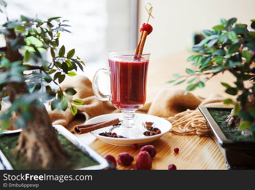 Closeup Of Hot Mulled Wine In Glass With Cinnamon Sticks