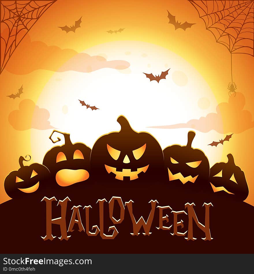 Halloween vector poster. Glowing Halloween pumpkins,flying bats, spider and web on abstract background with big moon