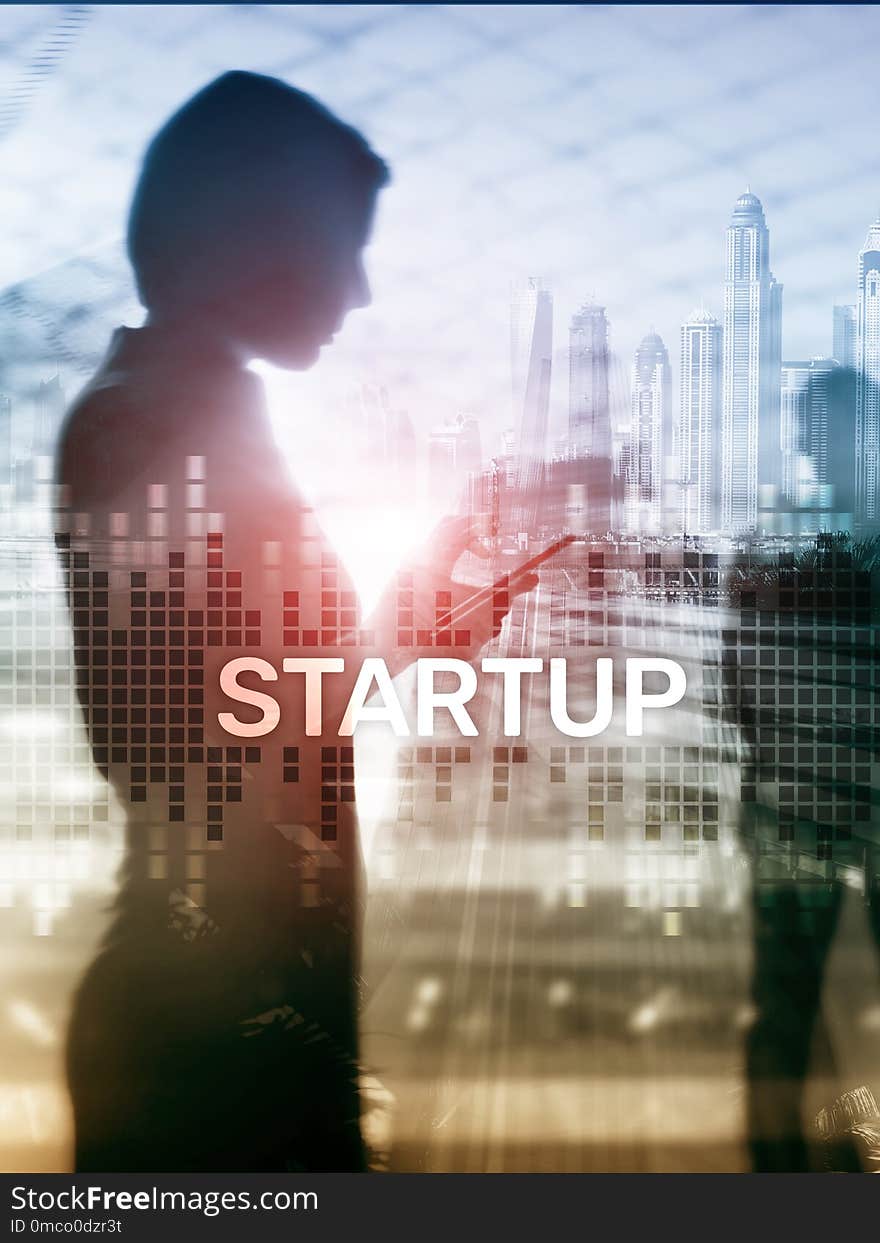 Startup concept with double exposure diagrams blurred background. Abstract Cover Design Vertical Format.