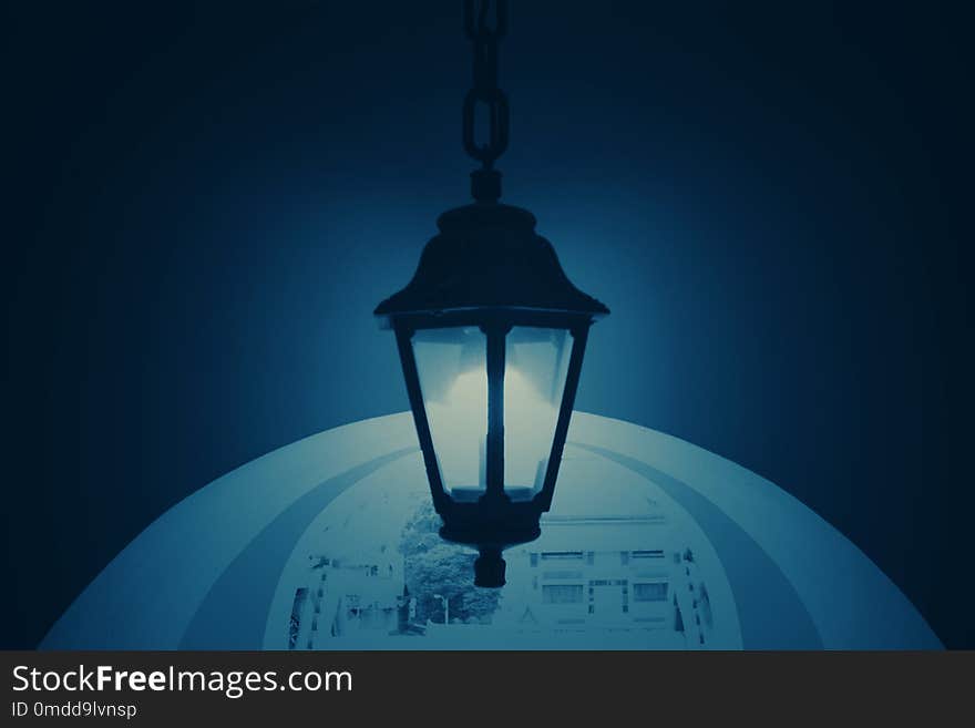 Dark blue background with vintage and patterned background. Routes and lanterns or bulbs for backgrounds and wallpapers and space.