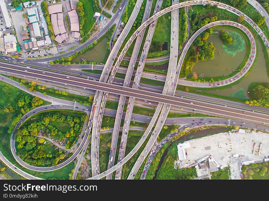 Aerial view transport city overpass road with vehicle movement