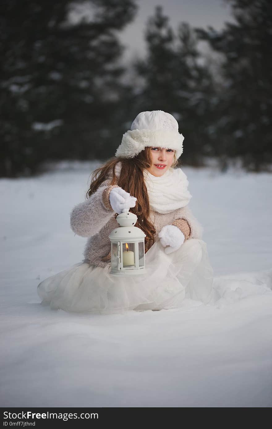 Little Happy Beautiful Girl In Winter Forest