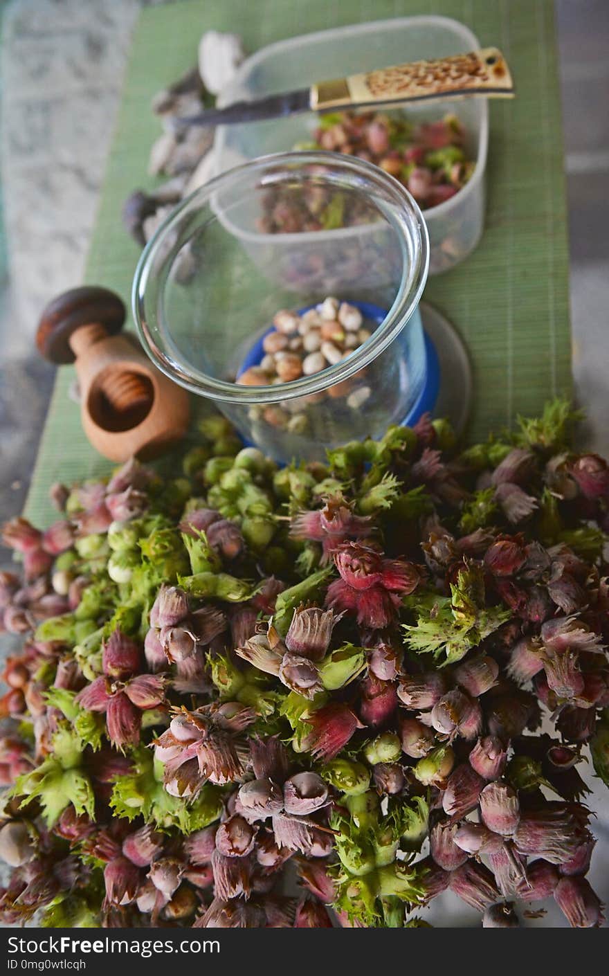 Nuts on the table, peeled and inshelled during the cleaning process. Nuts on the table, peeled and inshelled during the cleaning process