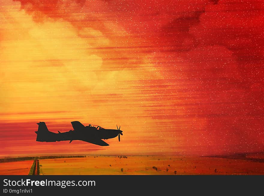 Silhouette of a single airplane flying on a fire red sky, seems like a post war flight. Dramatic look. Red clouds, warm colours. Space for text on the sky.