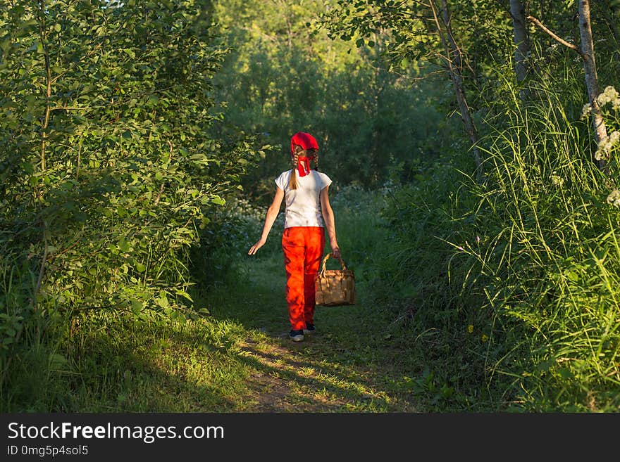 Young Girl Walking On A Path Through Green Woods Carrying A Basket