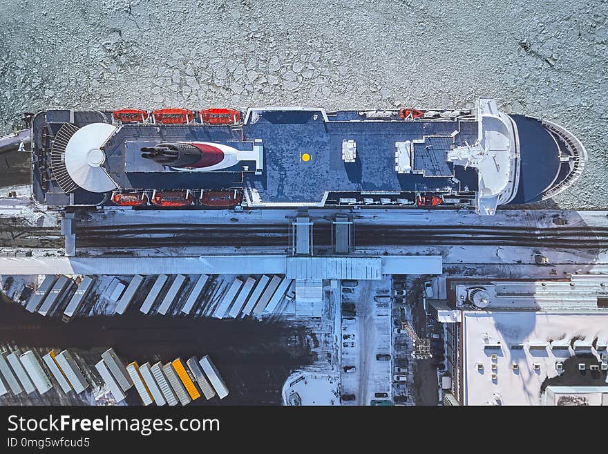 Aerial view, ferry in port on the gulf, Helisnki, Finland