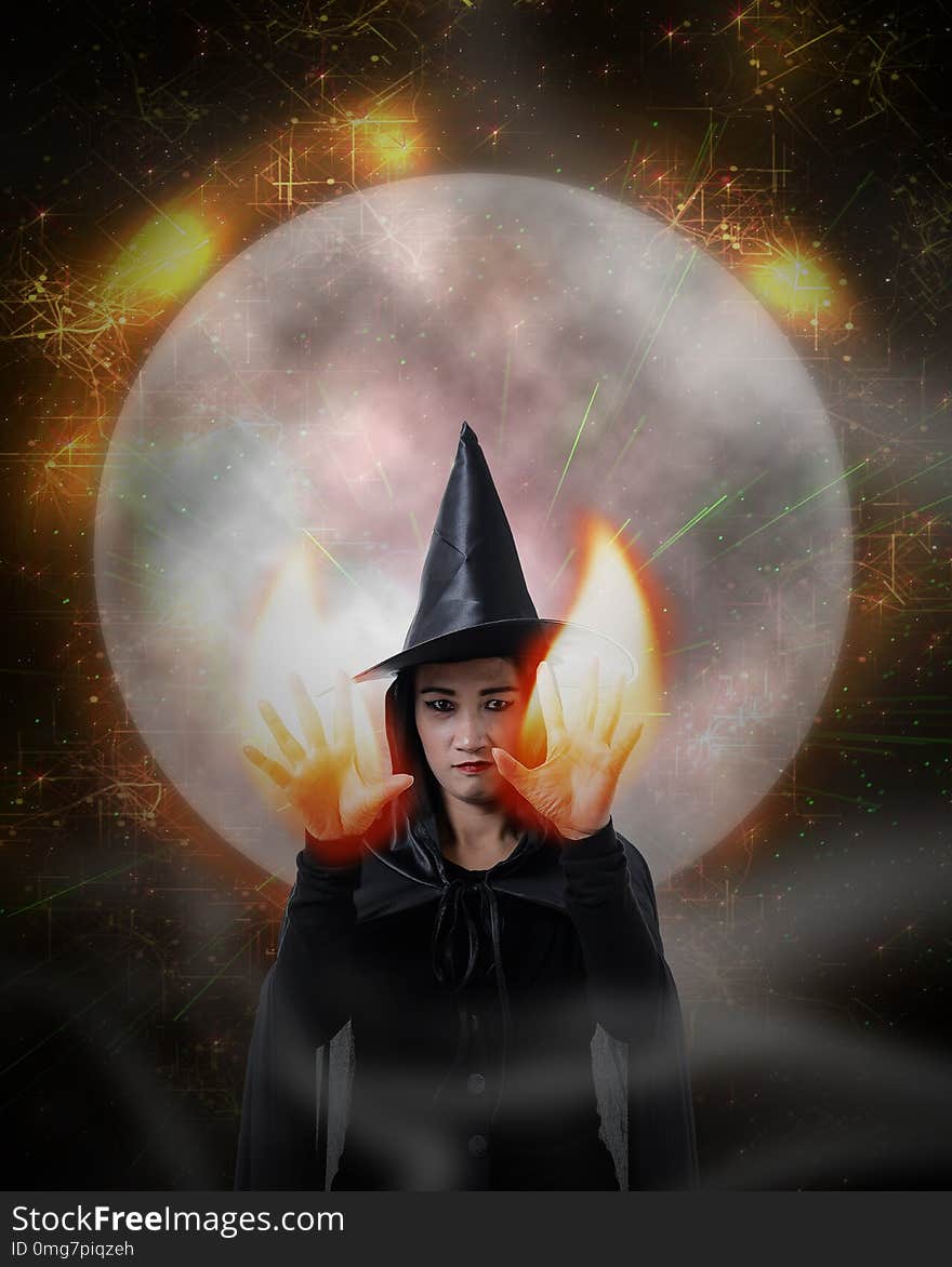 Woman in Black Scary witch halloween costume with Halloween art