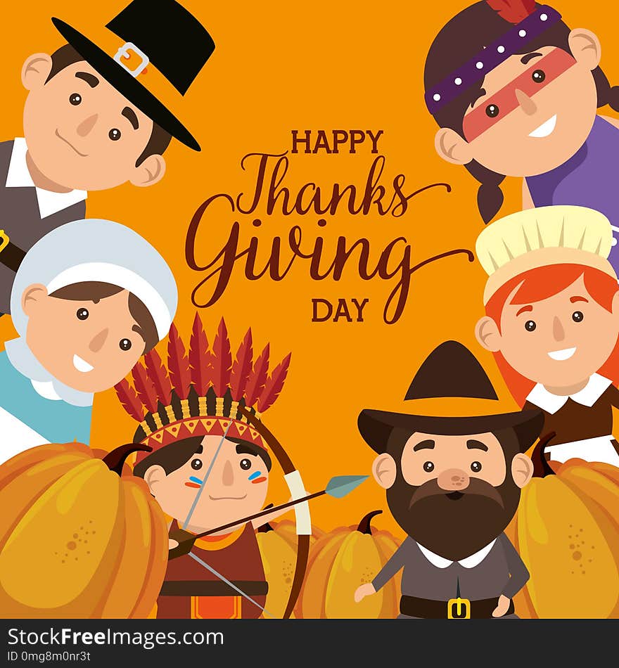 Thanks Giving Card With Pilgrims And Natives