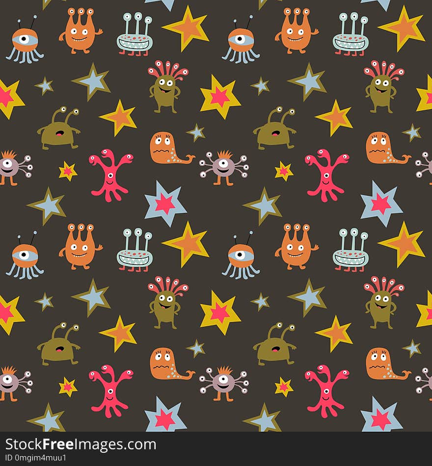 Seamless background with a cheerful aliens on a dark background