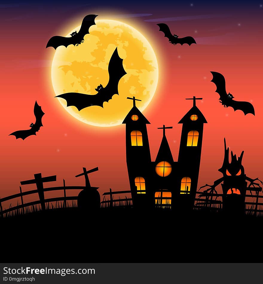 Halloween night with castle and dark tree of hands shape on full moon., Vector illustration