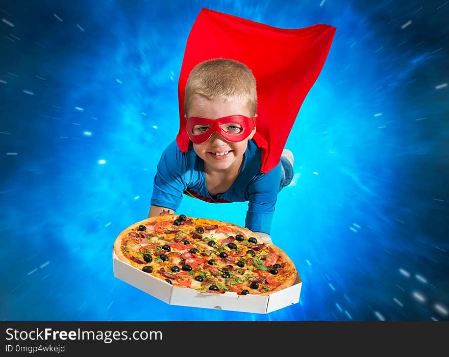 The superhero delivers pizza.Fast delivery.