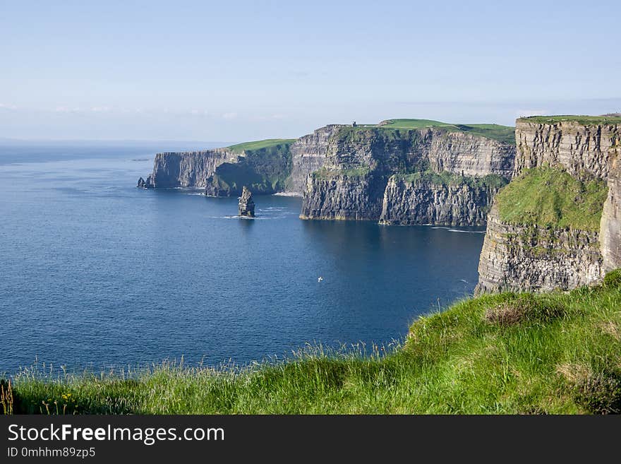 Landscape view of Cliffs of Moher with clear day sky. County Clare, Ireland.